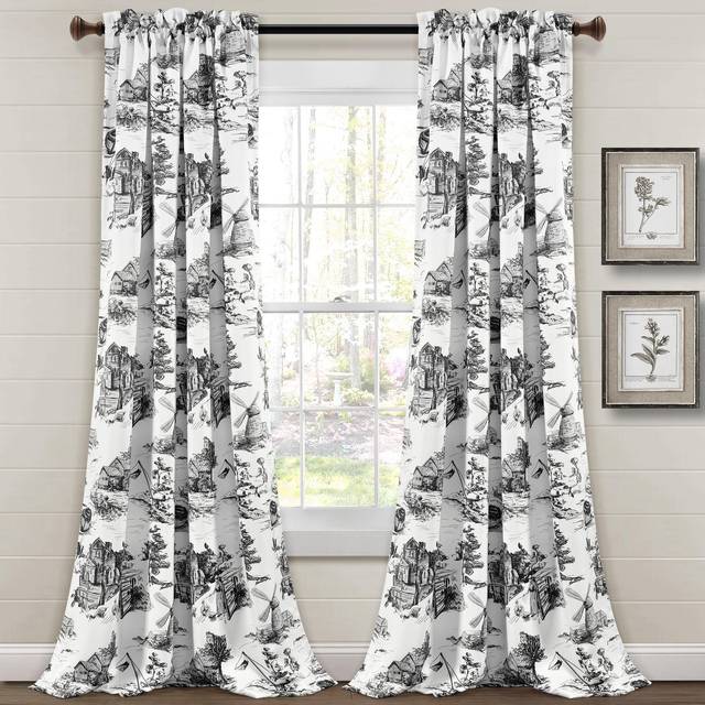 "Lush Decor French Country Toile Light Filtering Window Curtain Panel Pair  52"""""""" W x 95"""""""" L  White & Charcoal"