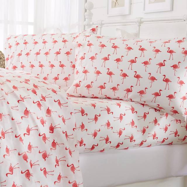 Great Bay Home Printed Coastal Microfiber Bed Sheets. Wrinkle Free  Deep Pockets  Beach Theme Sheet Set. Newport Collection (King  Flamingo)