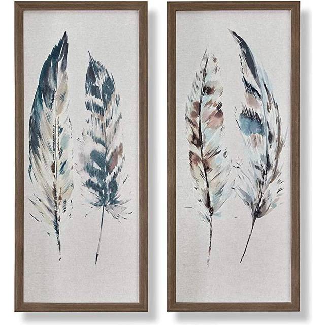 Art for the Home Painterly Feathers set of 2 Printed Canvas - Blue;Green;Orange (70cm H X 30cm W)