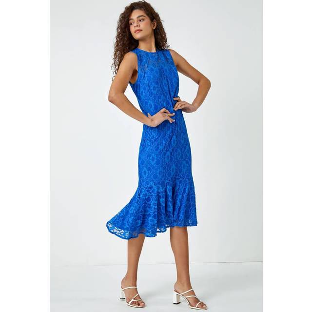 Roman Womens Sleeveless Frill Hem Lace Midi Dress - Blue - Size 18 UK