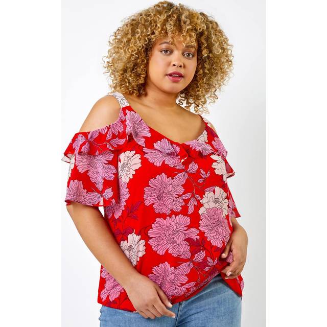 Curve Floral Cold Shoulder Chiffon Frill Detail Top - Red - 30-32