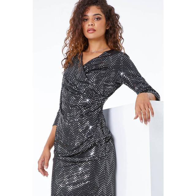 Roman Silver Sequin Spot Side Ruched Wrap Dress - Size 12