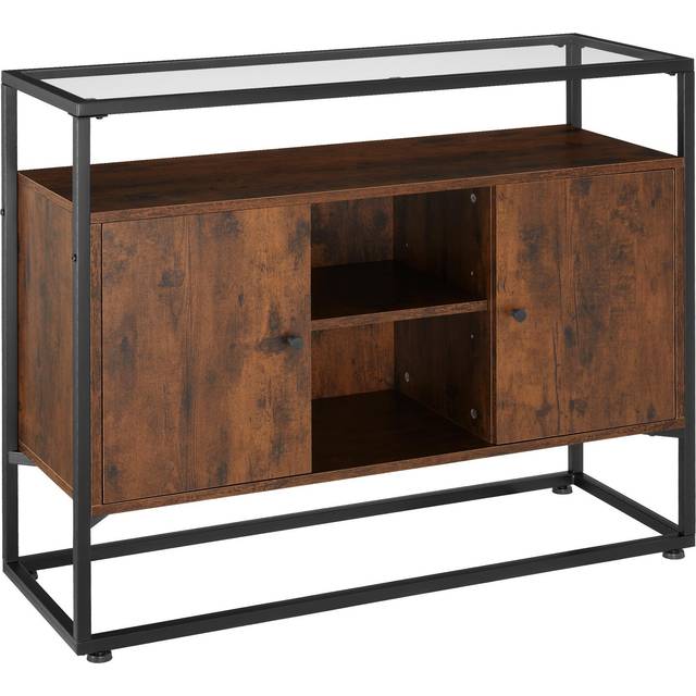 Sideboard Oldham - glass top, open shelves, 2 storage compartments - Sideboard, side cabinet, hall cabinet - Industrial wood dark, rustic