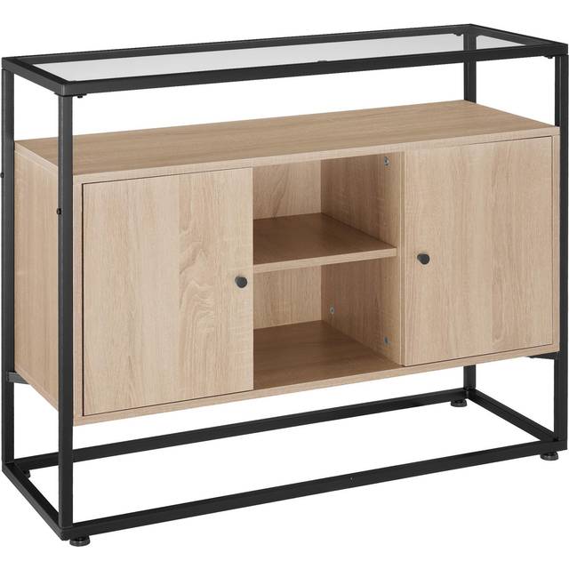 Tectake - Sideboard Oldham - glass top, open shelves, 2 storage compartments - Sideboard, side cabinet, hall cabinet - industrial wood light, oak