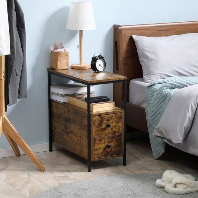 2 Drawers Narrow End Table with Storage Shelf Brown