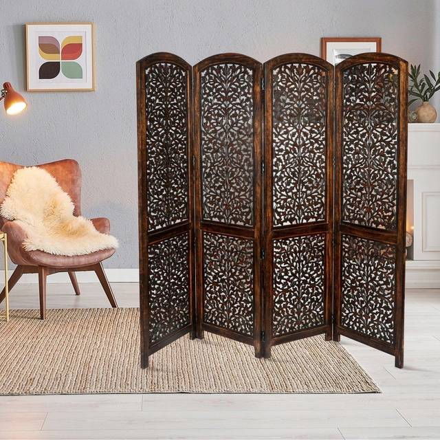 (DARK BROWN) 4 Panel Kashmeri Jali Wooden Screen Room Divider