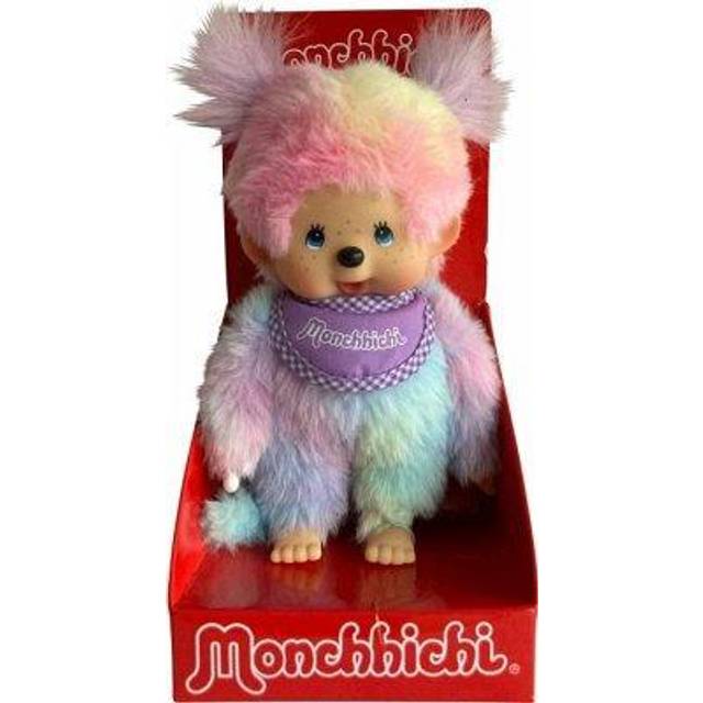 Sekiguchi 242153 – Original Monchhichi-flicka, plyschfigur med haklappar och flätor, ca 20 cm stort gosedjur av färgglad plysch
