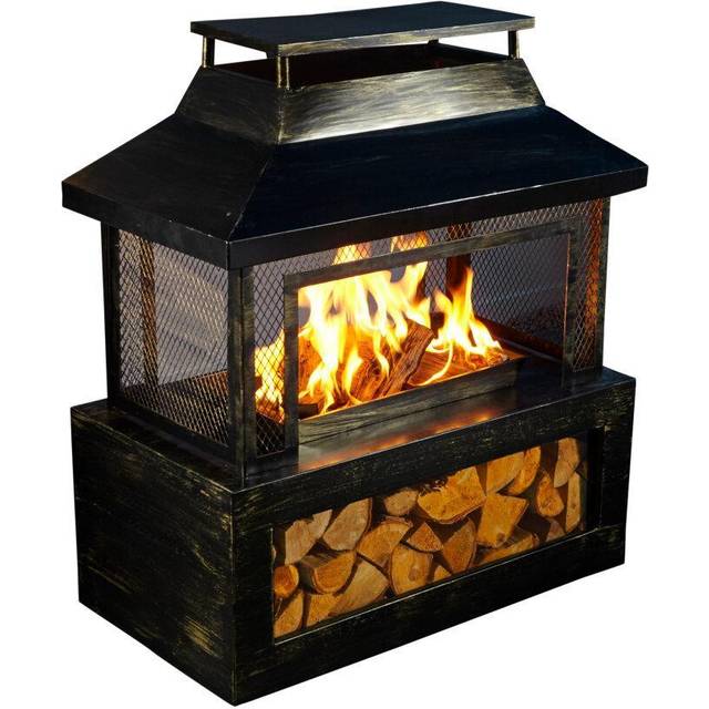 Black Outdoor Fire Pit Log Burner With Mesh Surround and Storage - Jet Black - One Size
