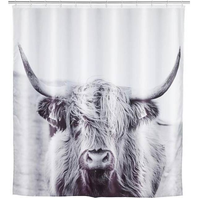 WENKO Duschdraperi Yak, hygienisk textilgardin, tvättbar, vattenavvisande och lättskött, med 12 ringar för fastsättning på duschstången, 180 x 200 cm, vit/svart