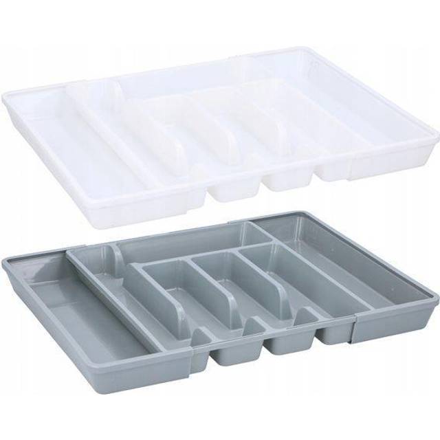 (White) XL Extendable Plastic Cutlery Drawer Storage Tray
