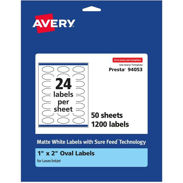 "Avery Matte White Oval Labels with Sure Feed  1"""""""" x 2""""""""  1 200 Matte White Printable Labels"