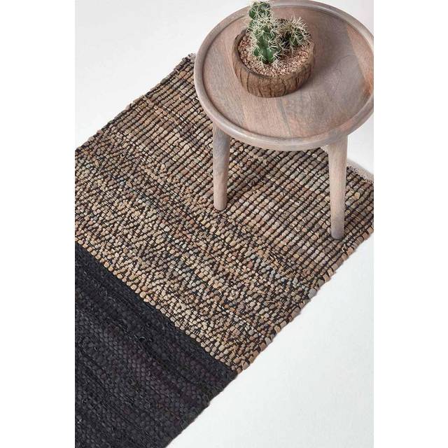 Black Recycled Leather Handwoven Herringbone Hall Runner, 66 x 200 cm