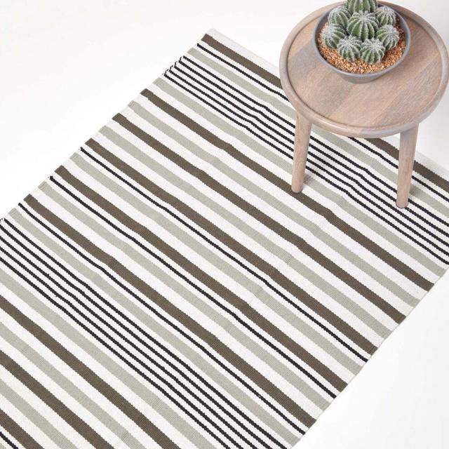 Modern Black Grey Scandinavian Style Striped Cotton Rug, 120 x 180 cm