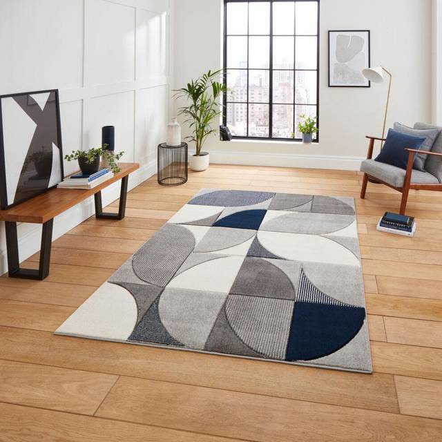 (Grey / Navy) Think Rugs Matrix MT63 Hand Carved High Density Pile Rug