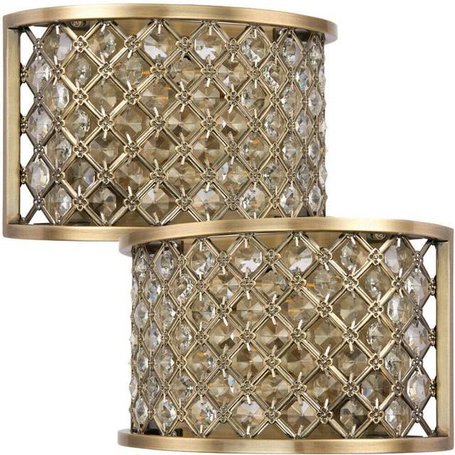 2 PACK Crystal Cage Wall Light Brass & Glass Shade Modern Twin Bulb Lounge Lamp