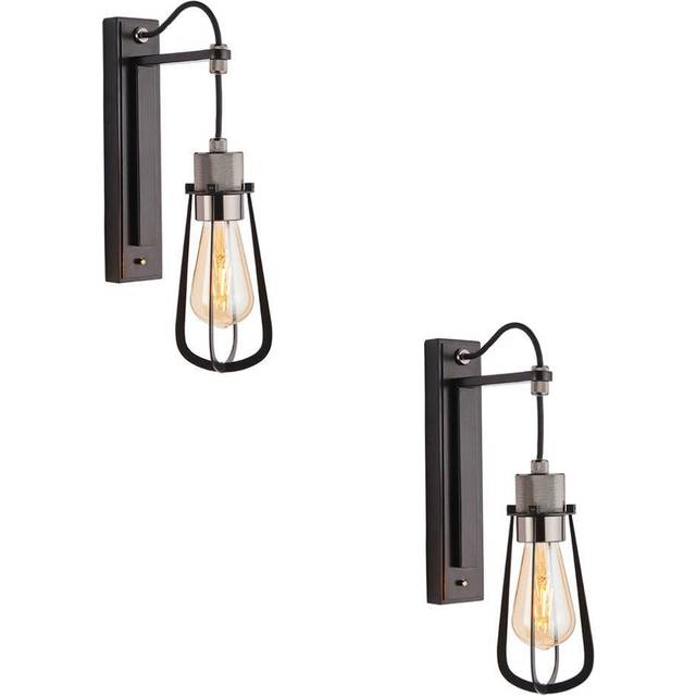 2 PACK Matt Black Industrial Wall Light - Black Chrome Knurled Lamp Holder