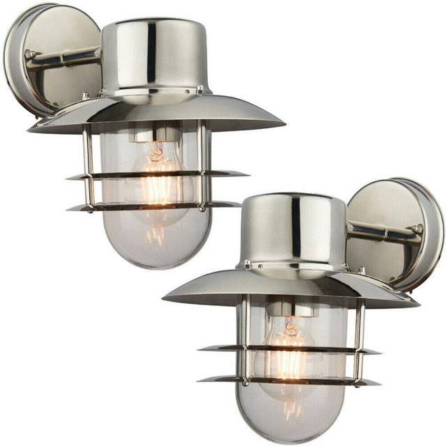 2 PACK IP44 Outdoor Wall Lamp Stainless Steel Caged Glass Lantern Down Light