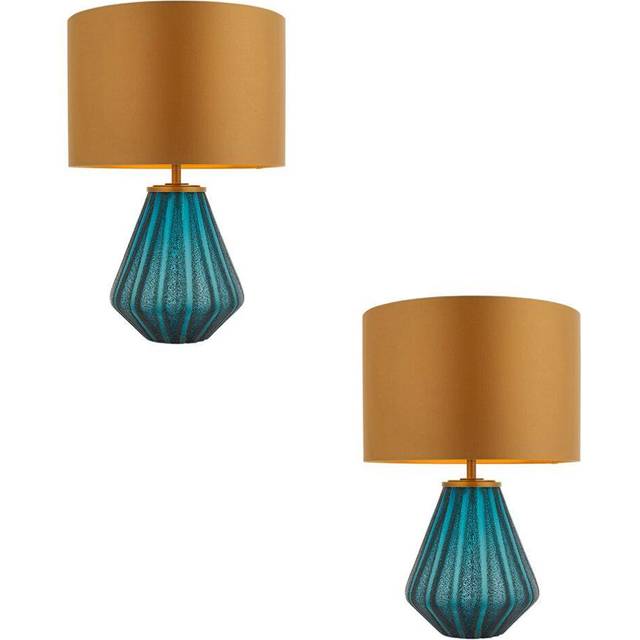 2 PACK Turqoise Glass Base Table Lamp Light & Gold Fabric Shade - Black Detail