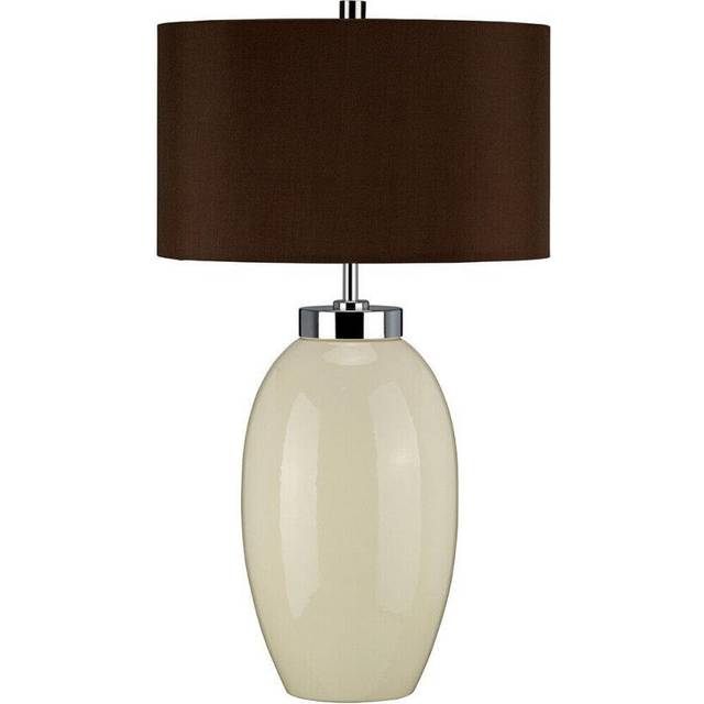 Table Lamp Small Ceramic Cream Glaze Brown Faux Silk Empire Shade LED E27 60W