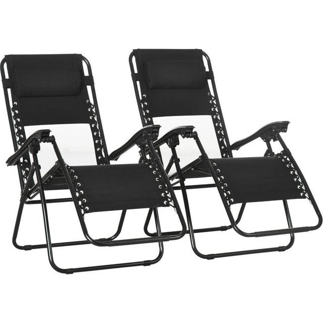 Outsunny Foldable Garden Recliner Chair Set of 2 w/ Footstool & Headrest - Black | TJ Hughes