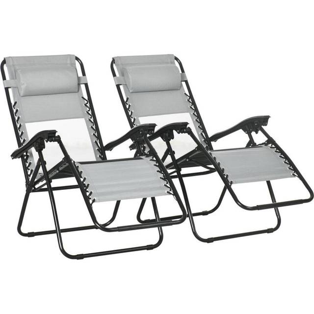 Outsunny Garden Recliner Chairs Set of 2, Outdoor Foldable Zero Gravity Chairs Set w/ Footstool and Detachable Headrest, Grey, Grey
