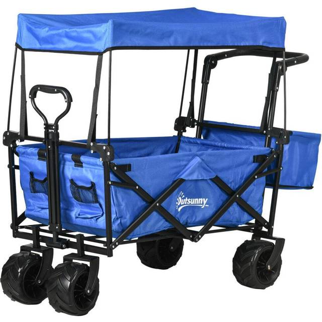 Outsunny Outdoor Push Pull Wagon Stroller Cart w/ Canopy Top Blue | TJ Hughes