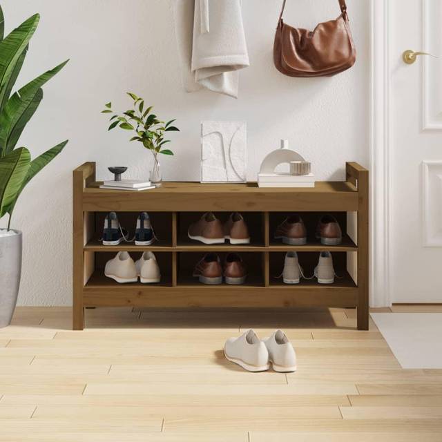 vidaXL Entrébænk 110 x 40 x 60 cm Massivt Fyrretræ Gyldenbrun Opbevaringsbænk