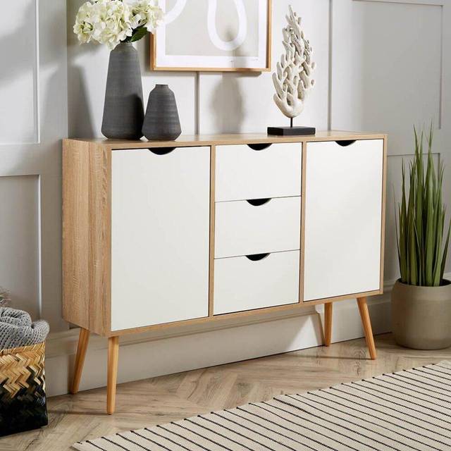 Sideboard Oak White Storage Cabinet 2 Door 3 Drawer Cupboard Solid Wood Legs