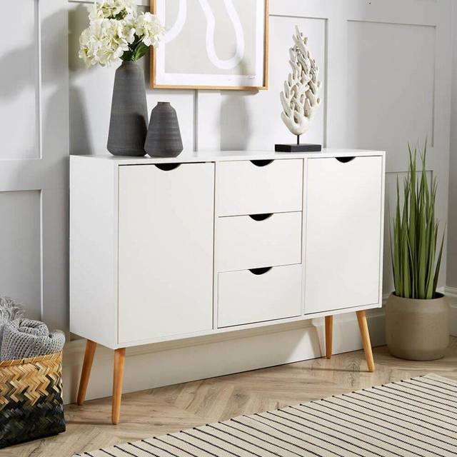 Sideboard white storage cabinet 2 door 3 drawer cupboard solid wood legs scandi