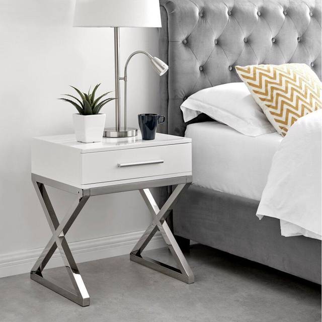 Oxford White Gloss and Chrome Bedside Table - White