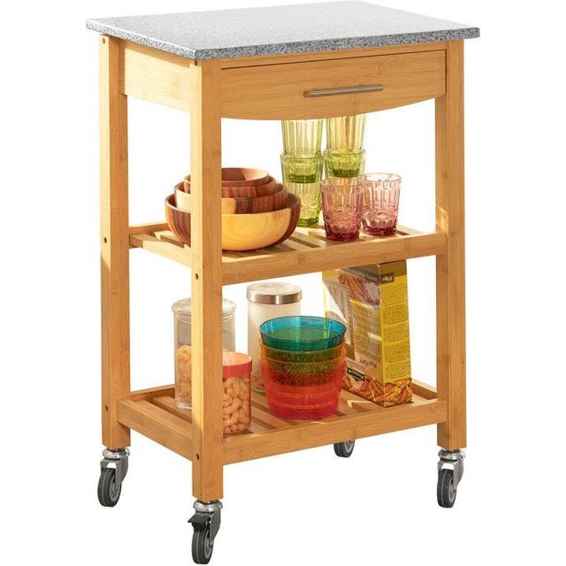 SoBuy FKW28-HG, Bamboo Kitchen Storage Trolley Cart with Grey Marble Countertop, Grey