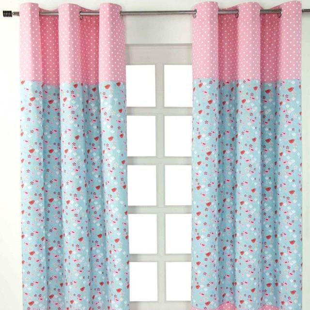 Birds And Flowers Ready Made Eyelet Curtain Pair, 137 x 228 cm Drop - Blue