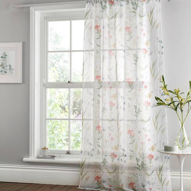 Spring Glade Slot Top Semi Sheer Curtain - White;Green (Width 137 x Drop 140 cm)
