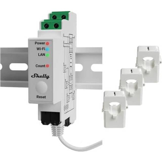 Shelly Pro 3EM – Trefas Smart Elmätare 120 A, LAN, Wi-Fi, DIN-skena, 4-tråds, MODBUS-kompatibel, Datalagring, Solcellsövervakning, iOS/Android-app