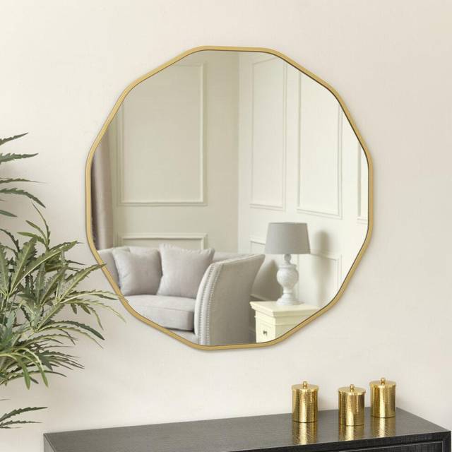 Large Round Gold Scalloped Wall Mirror 90cm x 90cm Material: Mirrors
