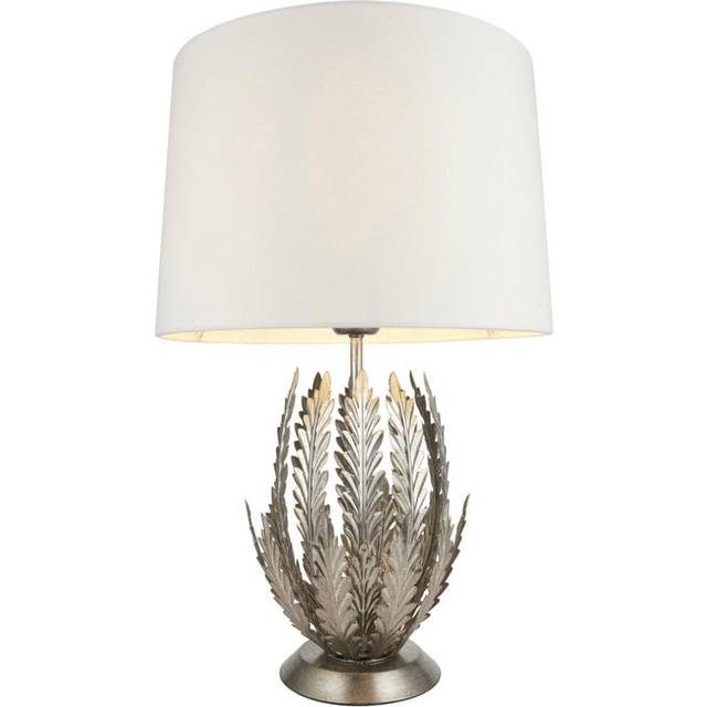 Ornate Silver Table Lamp Light Ivory Cotton Fabric Shade Decorative Leaf Design
