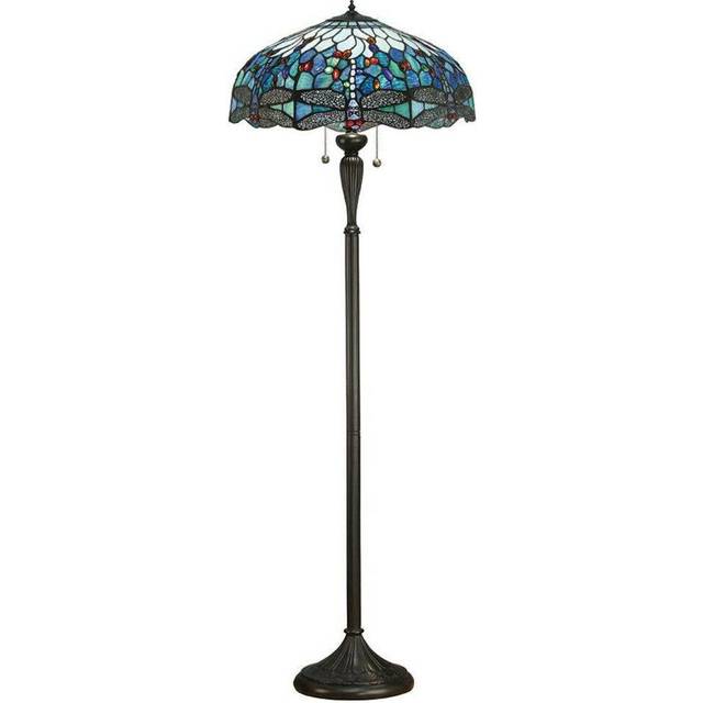 1.5m Tiffany Twin Floor Lamp Dark Bronze & Dragonfly Stained Glass Shade i00013