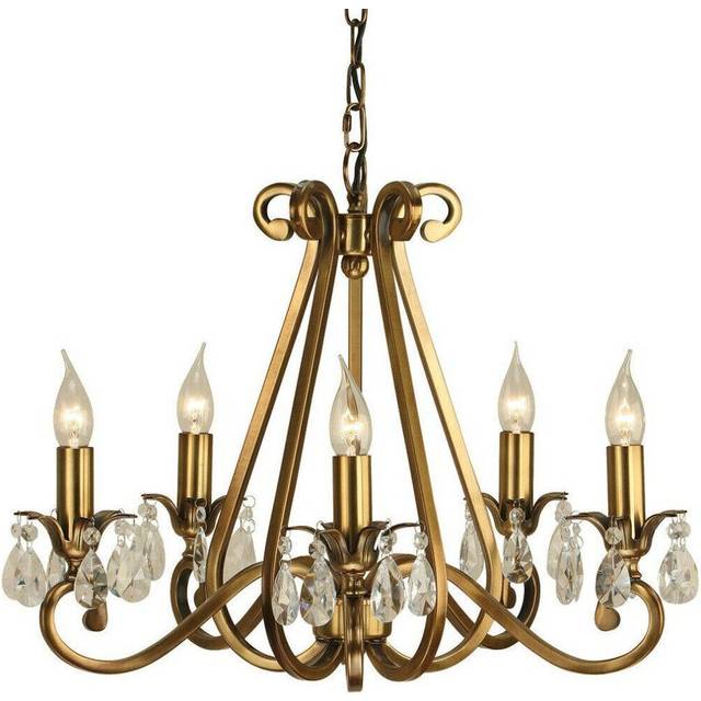 Esher Ceiling Pendant Chandelier Antique Brass & Crystal Curved 5 Lamp Light