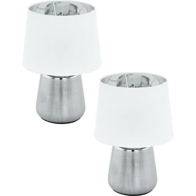 2 PACK Table Lamp Colour Silver Base Shade White & Silver Fabric E14 1x 40W
