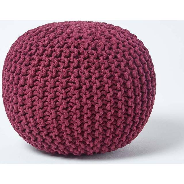 Homescapes Plum Knitted Cotton Pouffe Footstool Round 35 x 40 cm - Purple