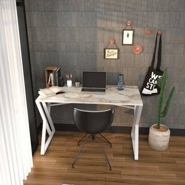 Decorotika Gyza Computer Desk Writing Desk With Metal Legs - White Marble And White, White