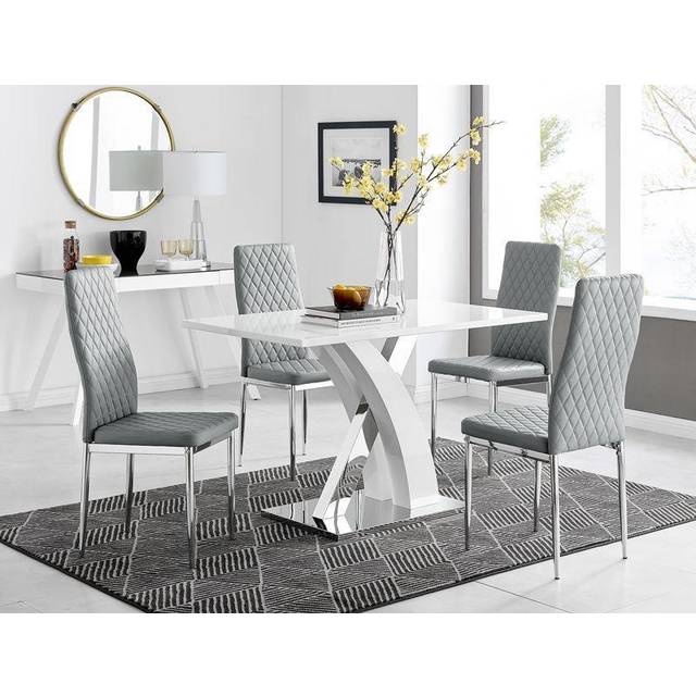 Atlanta White High Gloss Dining Table And 4 Milan Dining Chairs Set - Grey