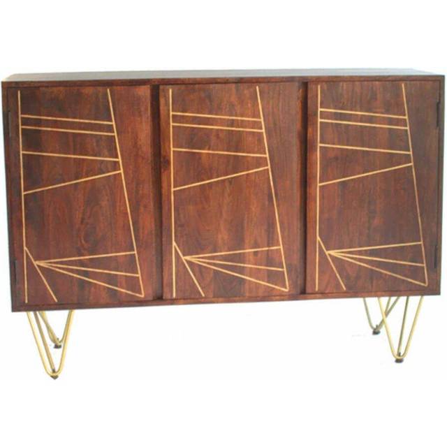 Wooden Dark Walnut 3 Door Sideboard Living Room Storage Gold Metal Inlays Legs