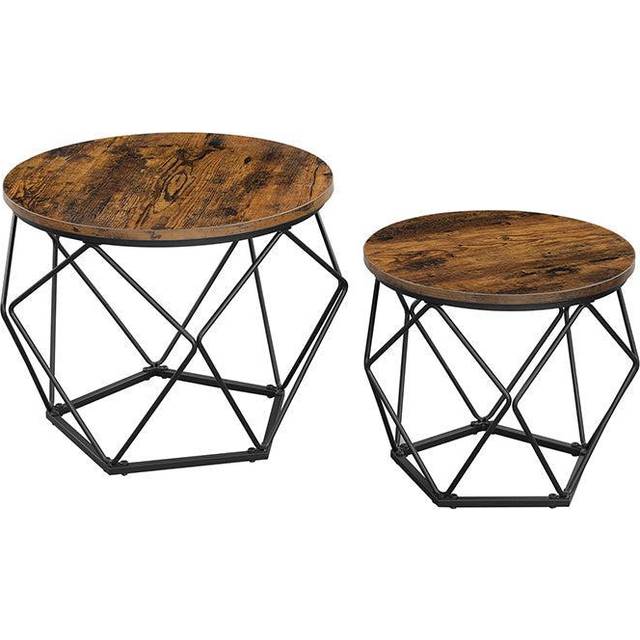 Coffee Tables, Set of 2 Side Tables, Rustic Brown + Black / (50 Dia. x 40H) cm + (40 Dia. x 36H) cm