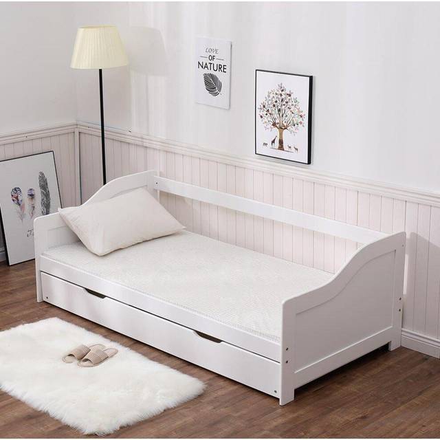 (White) Single White 3ft Wooden Day Bed with Pull Out Trundle Guest Bed