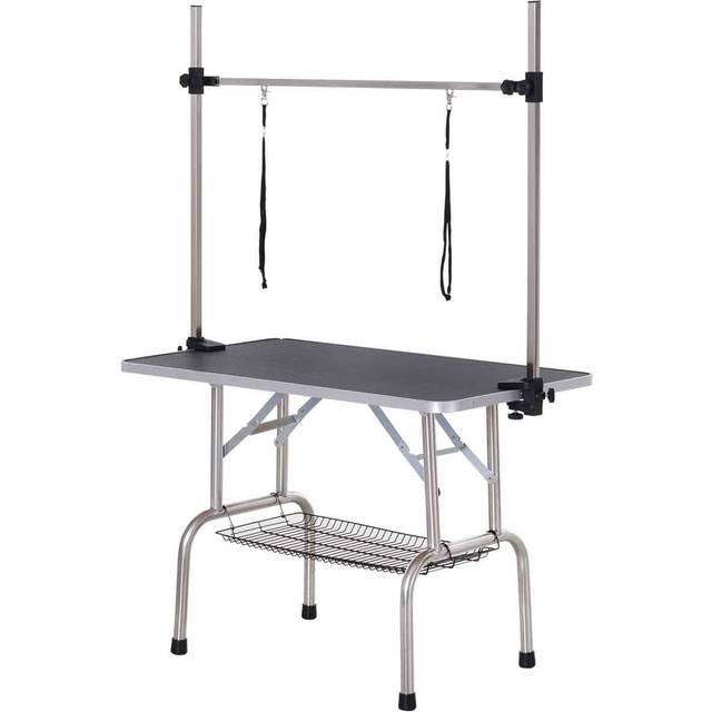 PawHut Metal Adjustable Dog Grooming Table Rubber Top 2 Safety Slings Mesh Black | TJ Hughes