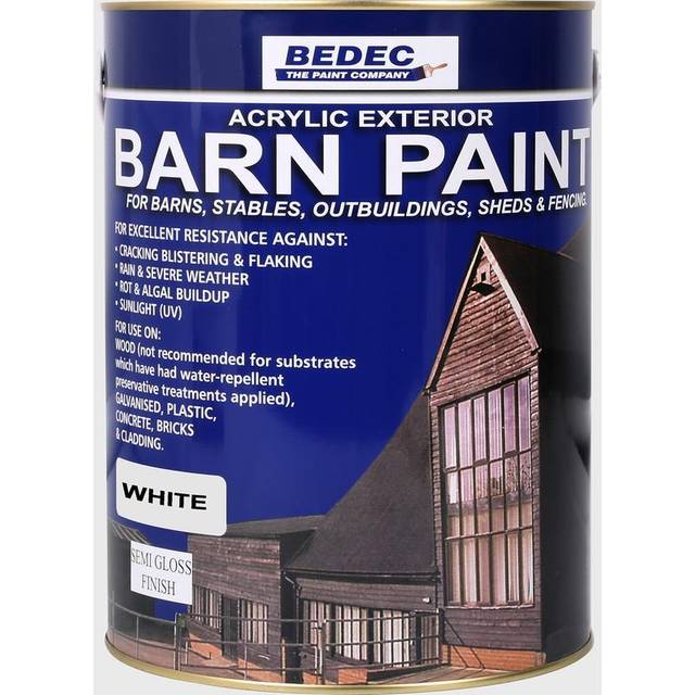 Bedec Barn Paint, White Semi-Gloss 5L, Exterior Multi-Surface Protective Coating, Paints, Fence Paint, Cladding Coatings, Summer