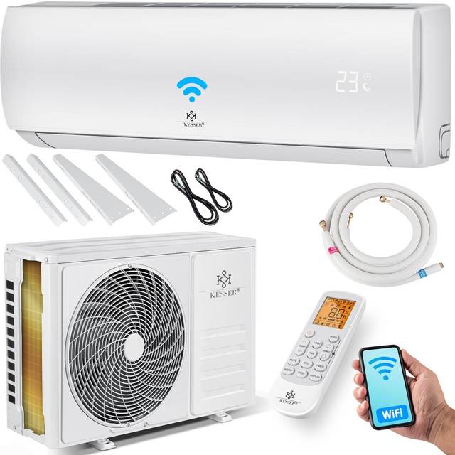 KESSER® Luftkonditionering-set med splitsystem – med WiFi/App-funktion – kylning A++/uppvärmning A+ – 12 000 BTU/h (3 400 watt), kylmedel R32 – fjärrkontroll, timerfunktion – inkl. komplett monteringsmaterial