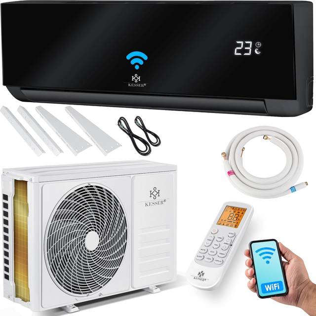 KESSER® Luftkonditionering-set med splitsystem – med WiFi/App-funktion – kylning A++/uppvärmning A+ – 12 000 BTU/h (3 400 watt), kylmedel R32 – fjärrkontroll, timerfunktion – inkl. komplett monteringsmaterial