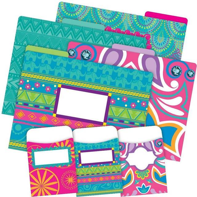 Barker Creek Designer File Folder and Library Pocket Set  Bohemian  12 Colorful File Folders and 30 Coordinating Peel & Stick Library Pocket